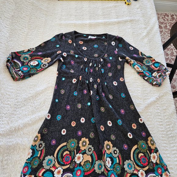 XL Grey with Floral Pattern Sweater Dress EUC Knee Length - Picture 7 of 12